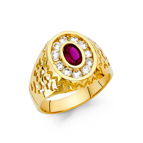 14K Yellow Gold Oval Simulated Ruby Nugget Halo Men’s Ring on White Background