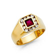 14K Yellow Gold Emerald-Cut Simulated Ruby Halo Men’s Ring on White Background