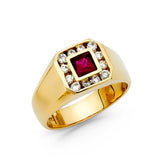 14K Yellow Gold Emerald-Cut Simulated Ruby Halo Men’s Ring on White Background
