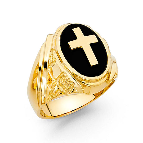 14K Yellow Gold Onyx Cross Men's Ring