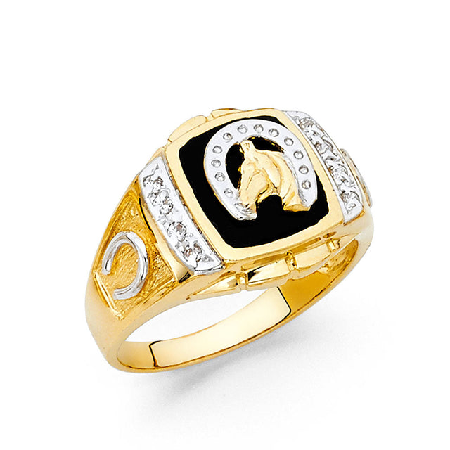 14K Yellow Gold Onyx Horse Head Men's Ring