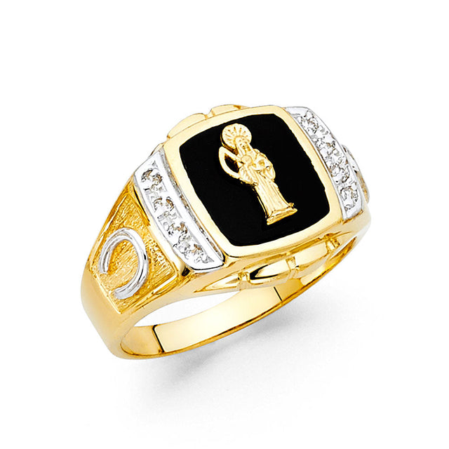 14K Yellow Gold Onyx Santa Muerte Men's Ring
