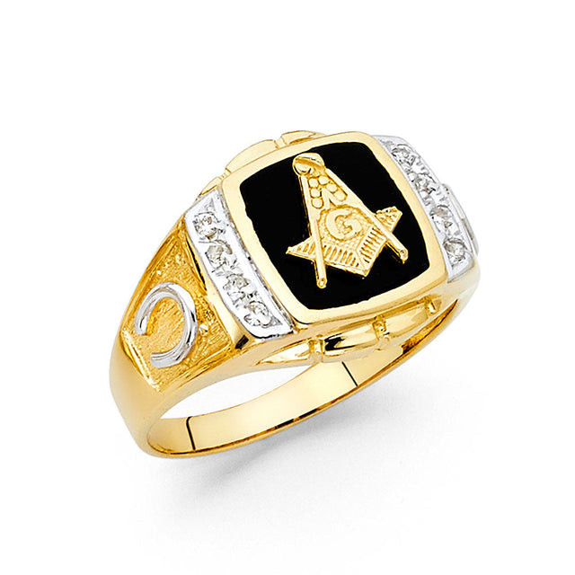 14K Yellow Gold Onyx Masonic Men's Ring
