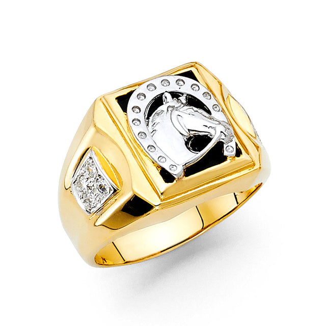 14K Two-Tone Gold Horseshoe Onyx Men's Ring