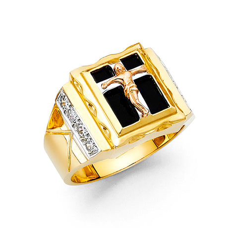 14K Tri-Color Gold Men's Onyx Crucifix Ring