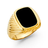 14K Yellow Gold Cushion Simulated Onyx Ribbed Signet Men’s Ring on White Background