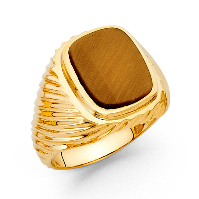 14K Yellow Gold Cushion Simulated Tiger's Eye Ribbed Signet Men’s Ring on White Background
