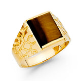 14K Yellow Gold Rectangular Simulated Tiger's Eye Nugget Signet Men’s Ring on White Background