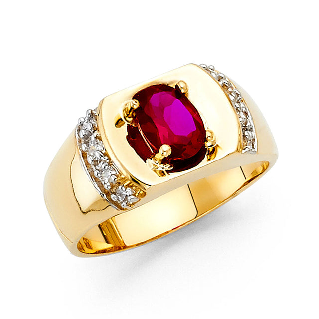 14K Yellow Gold Oval Simulated Ruby Framed Men’s Ring on White Background