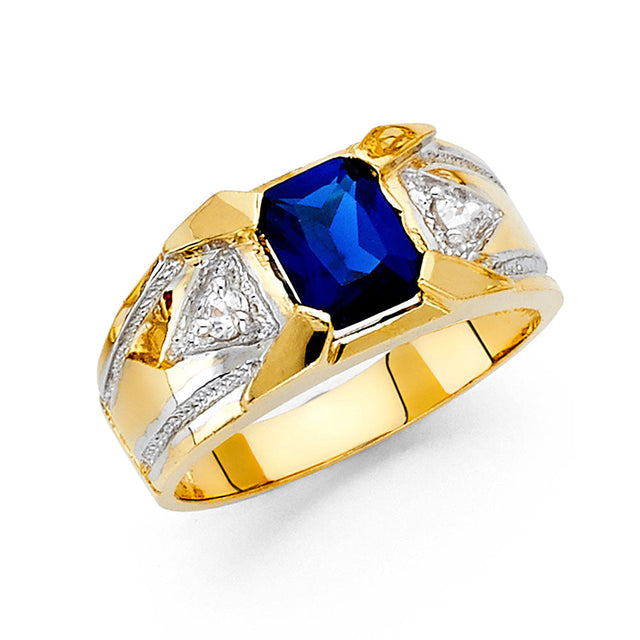 14K Two-Tone Gold Emerald-Cut Simulated Blue Sapphire CZ-Accent Men’s Ring on White Background