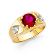 14K Yellow Gold Oval Simulated Ruby Diamond-Cut Men’s Ring on White Background