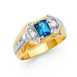 14K Two-Tone Gold Emerald-Cut Simulated Blue Topaz Chevron Men’s Ring on White Background