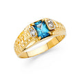 14K Yellow Gold Emerald-Cut Simulated Blue Topaz Ribbed Men’s Ring on White Background