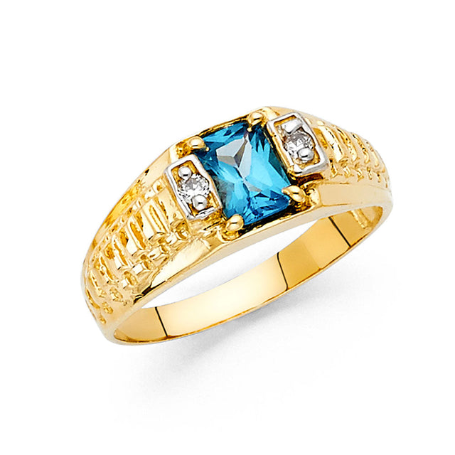 14K Yellow Gold Emerald-Cut Simulated Blue Topaz Ribbed Men’s Ring on White Background