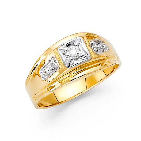 14K Yellow Gold Three-Station Solitaire Men's Ring on White Background