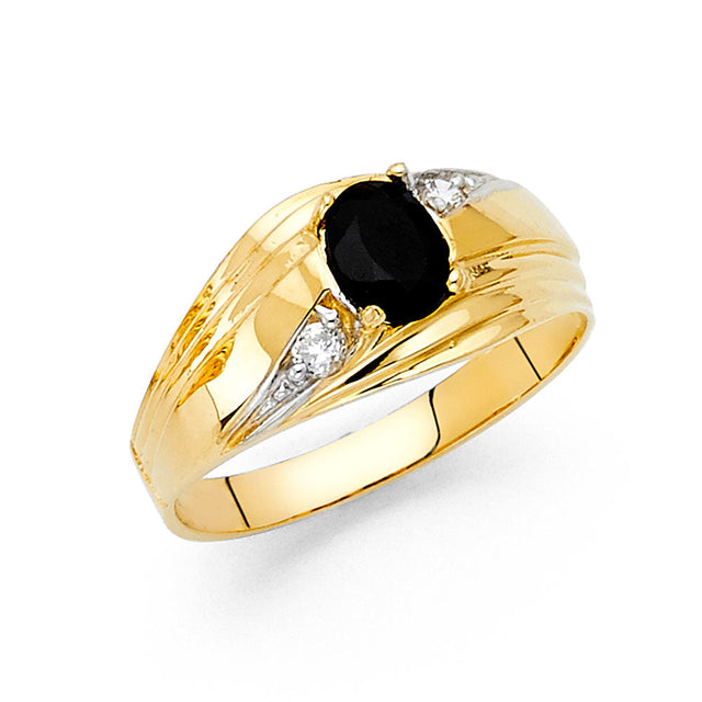 14K Yellow Gold Oval Simulated Onyx Diamond-Cut Men’s Ring on White Background