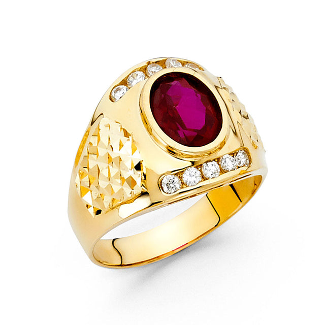 14K Yellow Gold Oval Simulated Ruby Nugget Men’s Ring on White Background