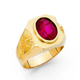 14K Yellow Gold Oval Simulated Ruby Florentine Men’s Ring on White Background