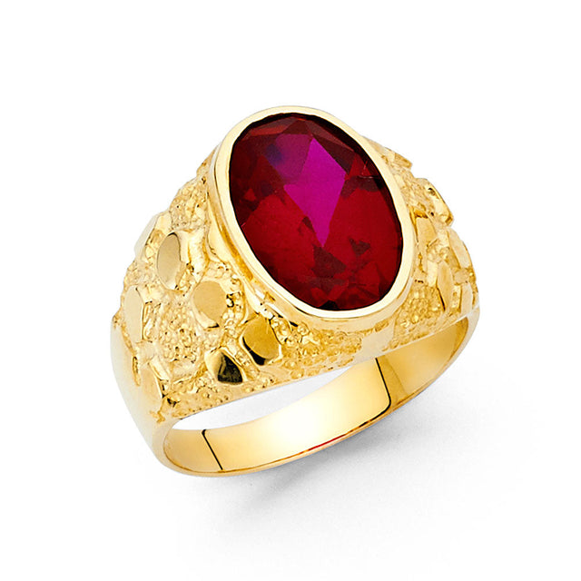 14K Yellow Gold Oval Simulated Ruby Bombé Men’s Ring on White Background