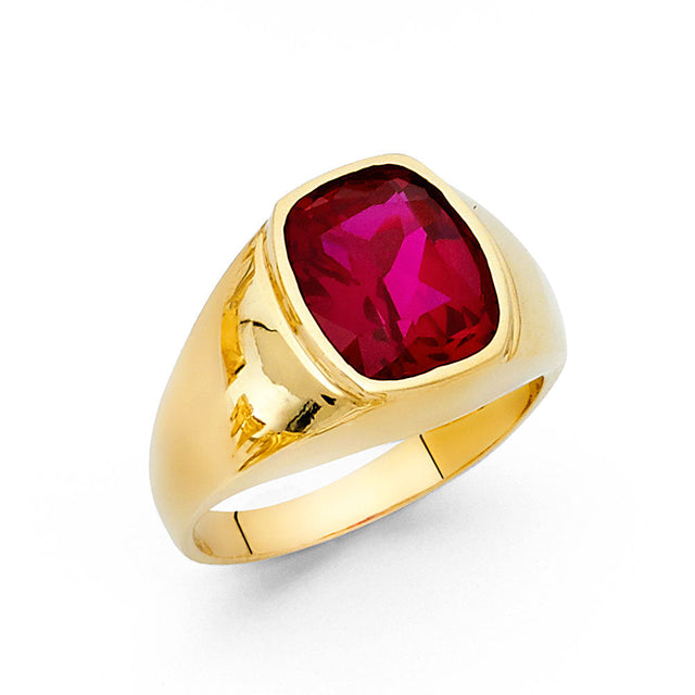 14K Yellow Gold Oval Simulated Ruby Polished Men’s Ring on White Background