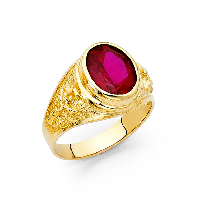 14K Yellow Gold Oval Simulated Ruby Basket Men’s Ring on White Background