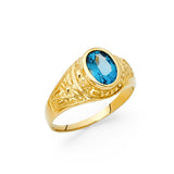 14K Yellow Gold Oval Simulated Blue Topaz Nugget Men’s Ring on White Background