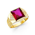 14K Yellow Gold Princess Simulated Ruby Channel Men’s Ring on White Background