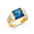14K Yellow Gold Emerald-Cut Simulated Blue Sapphire Channel Men’s Ring on White Background