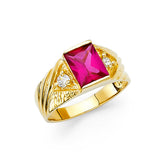 14K Yellow Gold Emerald-Cut Simulated Ruby Baguette Men’s Ring on White Background