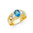 14K Yellow Gold Oval Simulated Blue Topaz Pavé Shoulder Men’s Ring on White Background