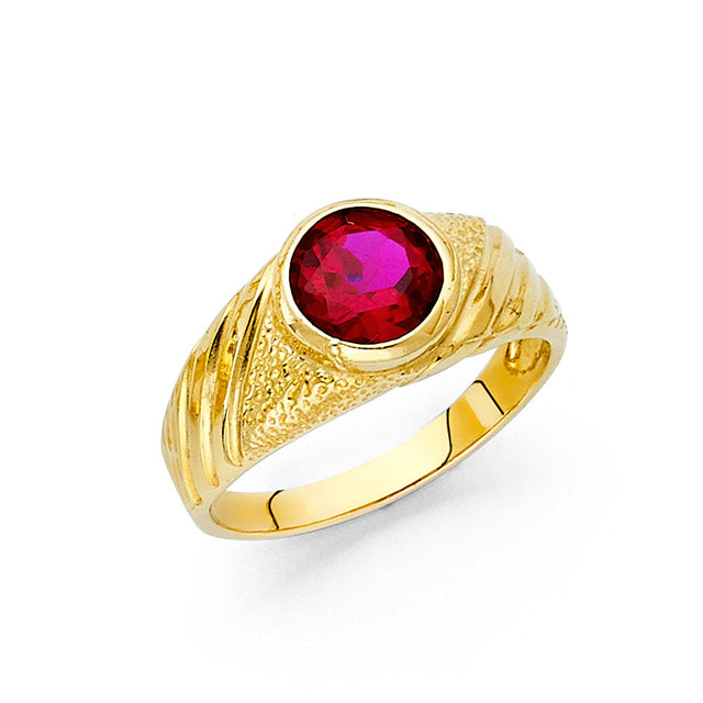 14K Yellow Gold Oval Simulated Ruby Textured Men’s Ring on White Background