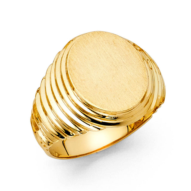 14K Yellow Gold Fluted Round Signet Men’s Ring on White Background