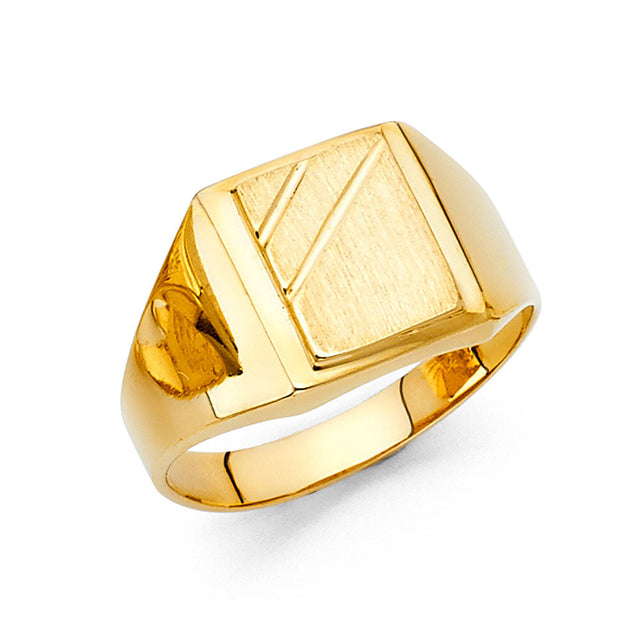 14K Yellow Gold Diamond-Cut Signet Men’s Ring on White Background