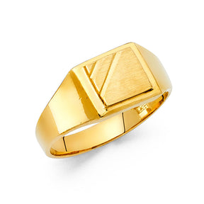 14K Yellow Gold Diagonal Accent Square Signet Men's Ring on White Background