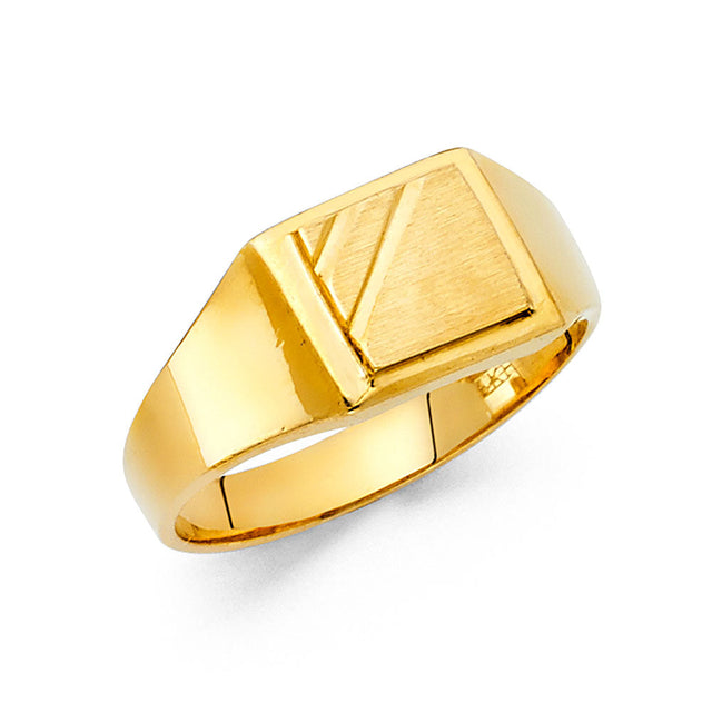 14K Yellow Gold Diagonal Accent Square Signet Men's Ring on White Background