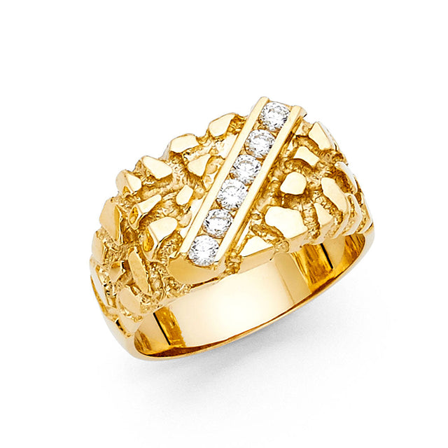 14K Yellow Gold Stone-Accent Nugget Men’s Ring on White Background