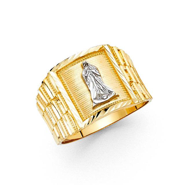 14K Two-Tone Gold Patron Saint Men's Ring on White Background