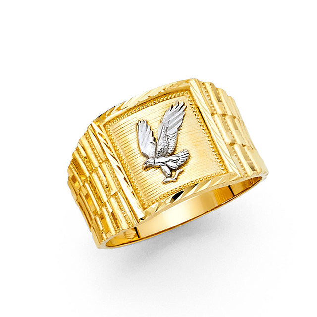 14K Yellow Gold Eagle Men’s Ring on White Background