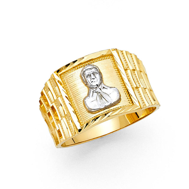 14K Two-Tone Gold Jesus Ring on White Background