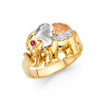 14K Tri-Color Gold Walking Elephant Ring on White Background