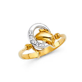 14K Tri-Color Gold Dolphin Ring on White Background
