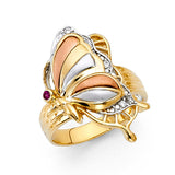 14K Tri-Color Gold Butterfly Ring on White Background
