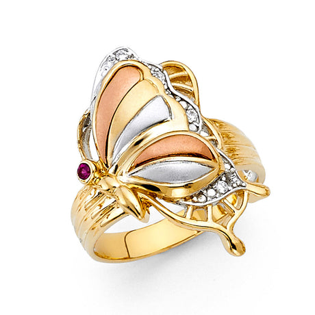 14K Tri-Color Gold Butterfly Ring on White Background