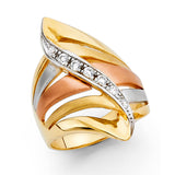 14K Tri-Color Gold Wave Statement Ring on White Background