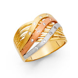14K Tri-Color Gold Crossover Band Ring on White Background