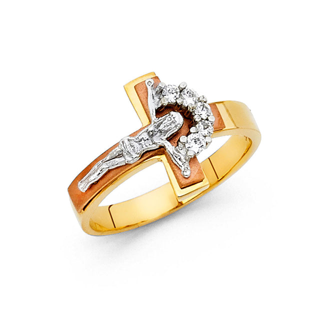 14K Tri-Color Gold Cluster-Accent Crucifix Ring