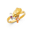 14K Tri-Color Gold Praying Hands & Cross Ring on White Background