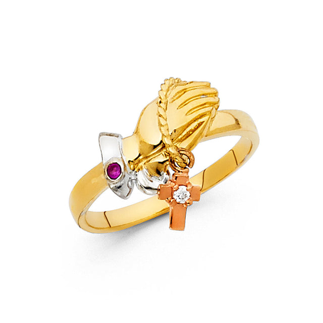 14K Tri-Color Gold Praying Hands & Cross Ring on White Background