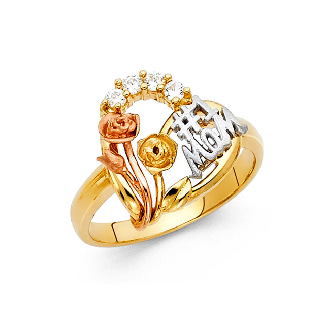 14K Tricolor Gold Mom Rose Mother's Ring on White Background