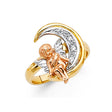 14K Tricolor Gold Guardian Angel and Moon Ring on White Background